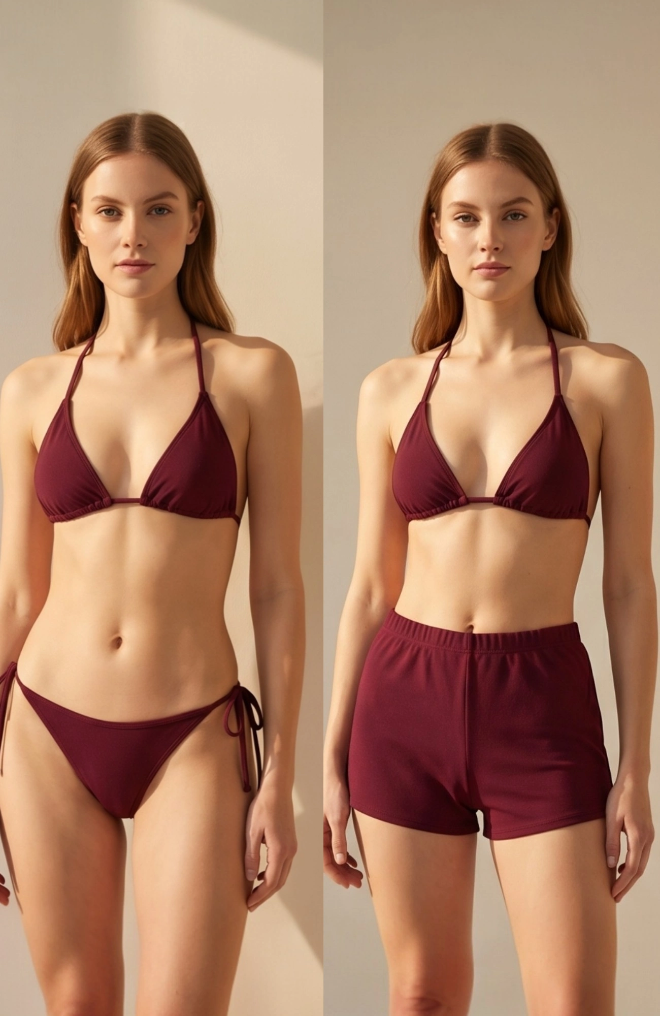 Kadın 3'lü Set Bordo Şortlu ve Yandan Bağlamalı Bikini Mayo Takımı