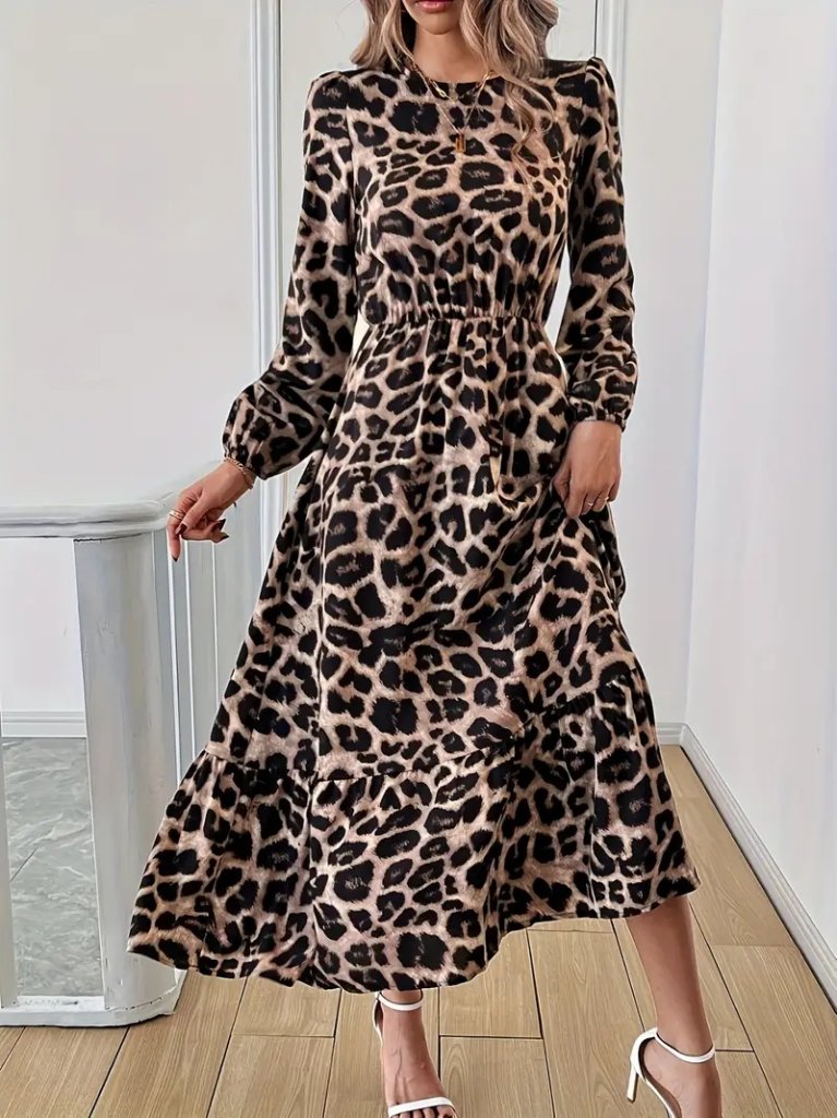 Uzun Kollu Bisiklet Yaka Leopar Desenli Midi Süprem Elbise