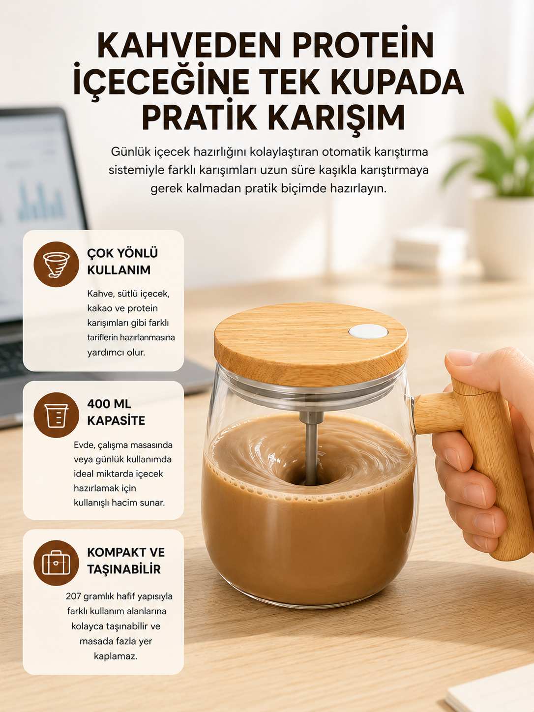 IP6 Su Sızdırmaz Şarjlı Kupa 3D Karıştırma, 400 ml Yeni Nesil