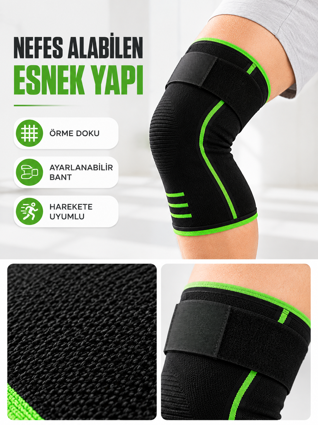 Sporcu Dizliği Siyah Yeşil Esnek Nefes Alabilen Destek Bantlı Dizlik