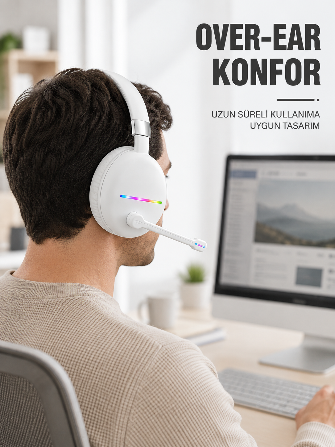 Beyaz Bluetooth 5.0 Mikrofonlu Kablosuz Kulak Üstü Kulaklık RGB Işıklı Type-C Şarjlı