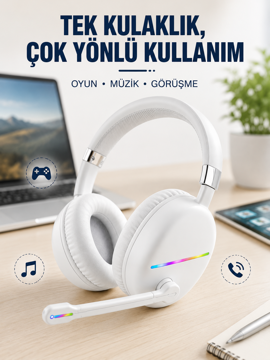 Beyaz Kablosuz Bluetooth Kulaklık Mikrofonlu Ergonomik Kulak Üstü Tasarım
