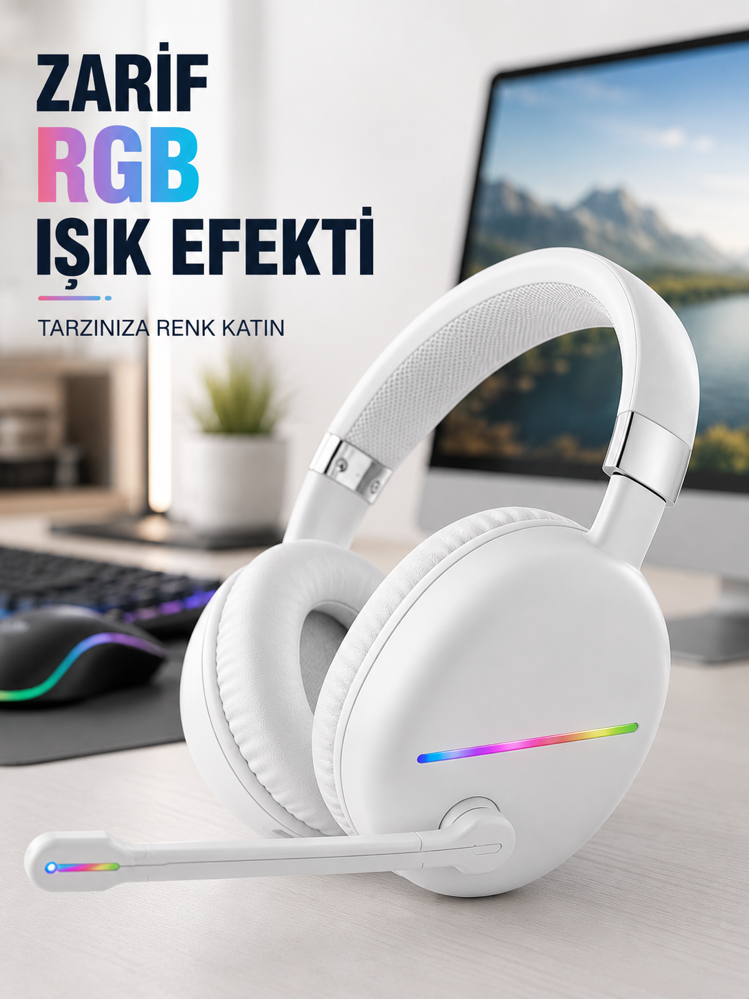 Bluetooth 5.0 Beyaz Kulak Üstü Kablosuz Kulaklık Mikrofonlu RGB Aydınlatmalı