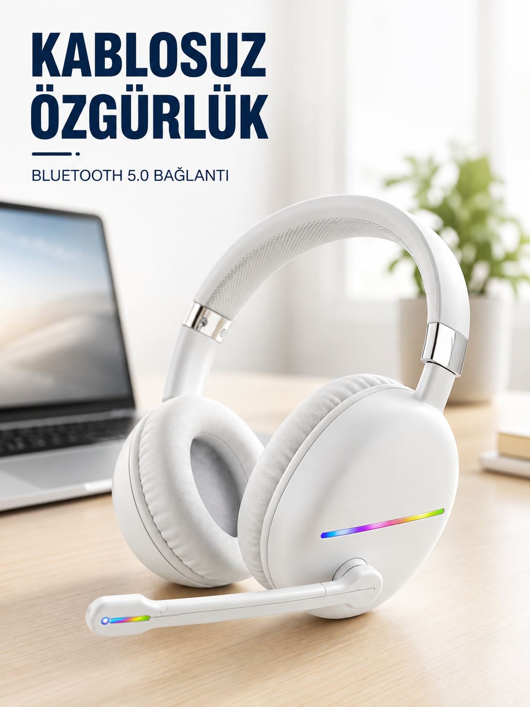 Kablosuz Bluetooth Mikrofonlu Beyaz Kulaklık  RGB Işıklı