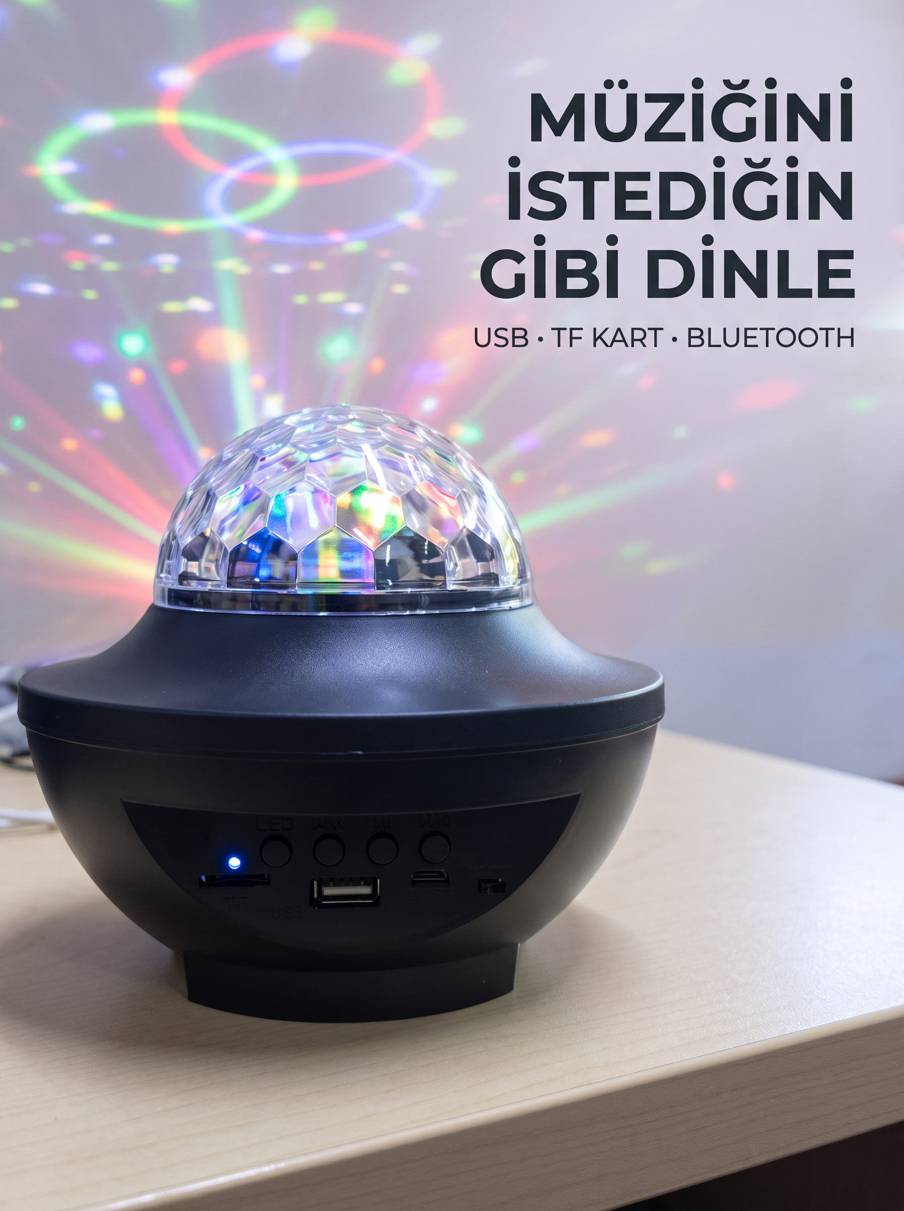 Bluetooth Müzikli Disko Işığı RGB Parti Projektörü Dahili Hoparlör USB Micro SD Destekli