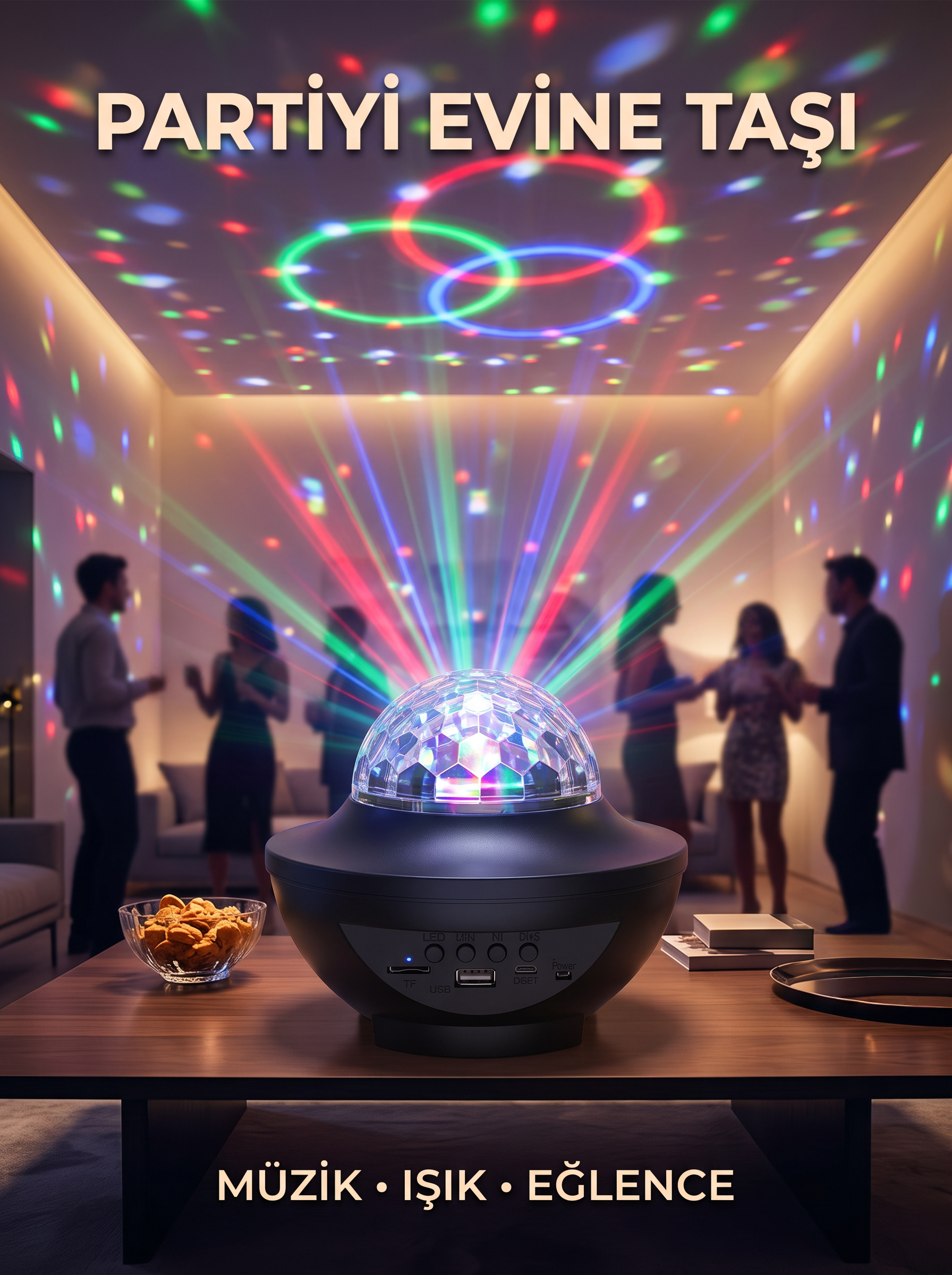 Müzikli RGB Disko Lambası Bluetooth Hoparlörlü Renkli Parti Işığı USB TF Kart Girişli