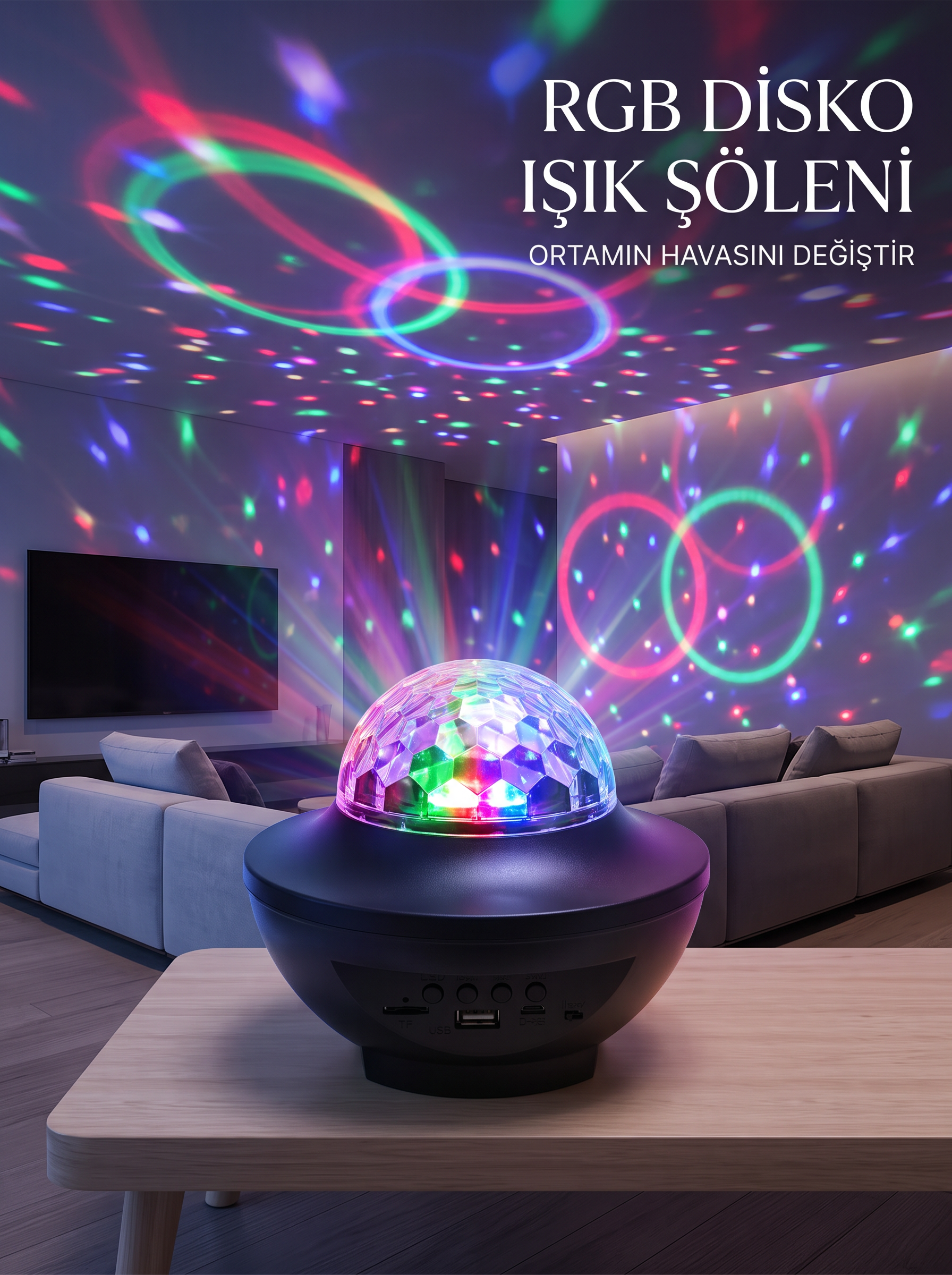 RGB Bluetooth Disko Lambası Dahili Hoparlörlü Müzikli Parti Işığı USB ve TF Kartlı