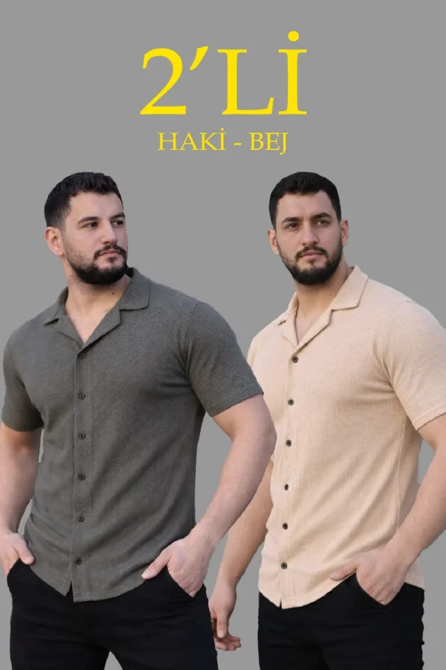Erkek Waffle Dokuma Açık Yakalı Düğmeli Regular Kalıp 2’li Gömlek Seti - Haki - Bej