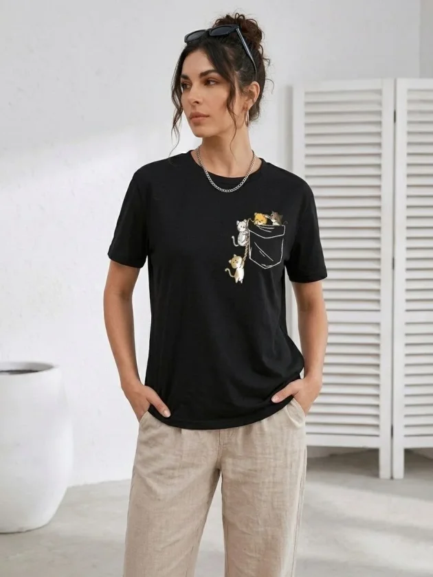 Sevimli Kedi Cep Baskılı Tişört Kısa Kol Yazlık T-Shirt - Siyah