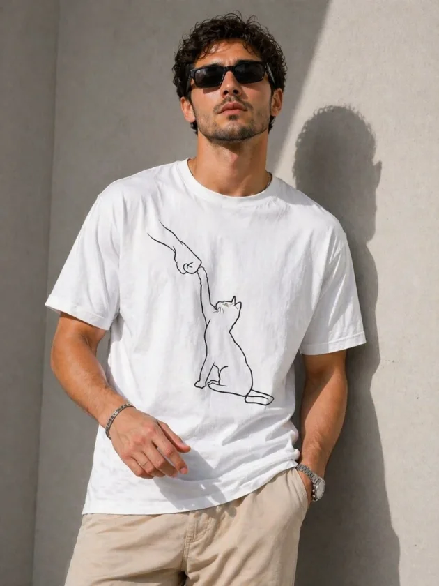 Erkek Minimal Kedi Çizim Baskılı Tişört Kısa Kol Yazlık T-Shirt - Beyaz