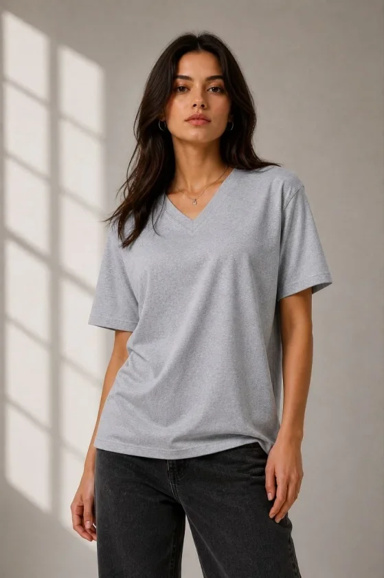 V Yaka Basic Tişört Kısa Kol Yazlık Regular Fit T-Shirt - Gri