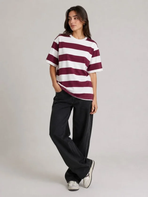 Çizgili Oversize Tişört Bisiklet Yaka Kısa Kol Yazlık T-Shirt - Bordo