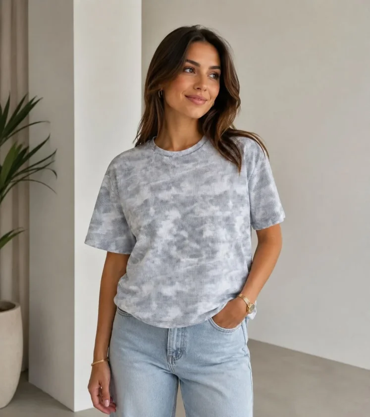 Batik Desenli Tişört Bisiklet Yaka Kısa Kol Regular Fit T-shirt - Gri