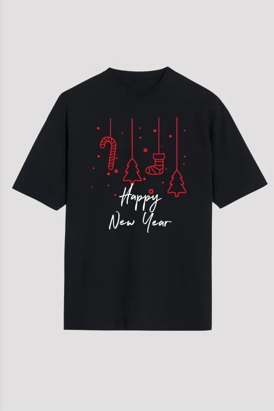 Yılbaşı Happy New Year Baskılı Kısa Kollu Oversize Bisiklet Yaka T-shirt - Siyah