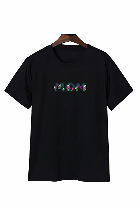 Anneler Günü Mom Çiçek Temalı Baskılı Oversize Bisiklet Yaka T-shirt - Siyah