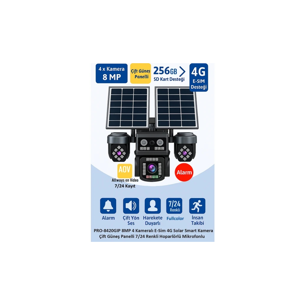 BALANDI PRO-8420GIP 8MP 4 Kameralı 4G AOV ESIM  Solar Kamera, HIEASY Yazılım